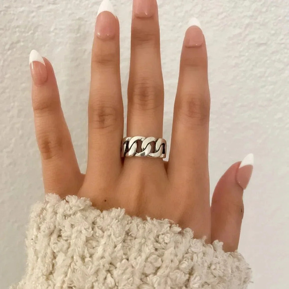 925 Sterling Silver Chunky Chain Link Ring Minimalist Curb Chain Ring - Picture 10 of 11
